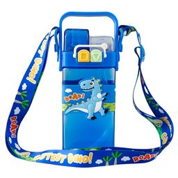 SCHOOLISH Dino Kid's Cartoon Water Bottle with Adjustable StrapCute Double Drinking Straw Cup | Leak-Proof, Portable Tumbler Perfect for School & Outdoor Fun - PACK OF 1 - COLOR MAY VARY-image-2