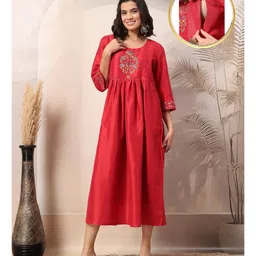 Zelena Three Fourth Sleeves Floral Embroidered Maternity Dress With Zip Nursing Access - Red-picture-19