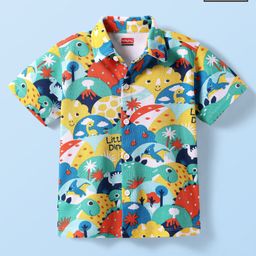 Babyhug Cotton Knit Half Sleeves Shirt with Dino Print - Green-image-58