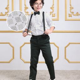Mark & Mia Cotton Woven Full Sleeves Shirt and Trouser with Bow & Suspender And Abstract Print - Dark Green & White-image-0