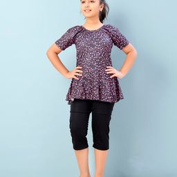 Aarika Half Sleeves Star Printed Frock Style Swimsuit-Multi Colour & Black-image-81