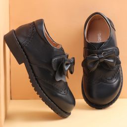 Babyoye Solid Formal Shoes With Velcro Closure & Bow Applique - Black-image-87