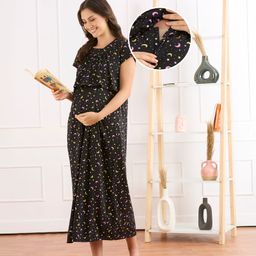Bella Mama Cotton Knit Half Sleeves Concealed Zipper Star Print Nighty - Black-image-10