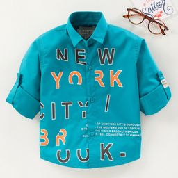 Dapper Dudes Full Sleeves New York Text Printed Shirt - Peacock Blue-image-10