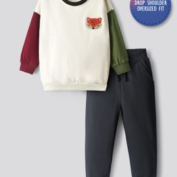 Bonfino Cotton Knit Full Sleeves Fleece Sweatshirt With Colour Block & Jogger Set - Off White & Black-picture-27