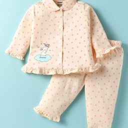 CUCUMBER Sinker Knit Full Sleeves Co-ords Night Suit With Star Print - Peach-picture-0