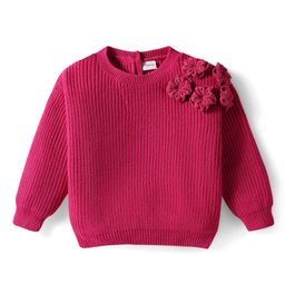 Babyhug Knit Full Sleeves Pullover Sweater with Floral Applique - Dark Pink-picture-37