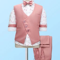 Rikidoos Full Sleeves Geometric Printed 3 Piece Party Suit With Bow Set - White & Rose-picture-17