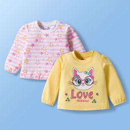Doodle Poodle 100% Cotton Knit Full Sleeves Top With Star & Love Text Print Pack of 2 - Lemon Verbena & Bright White-picture-3