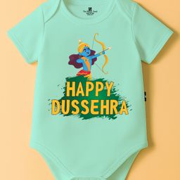 The Peppy Tend 100% Cotton Knit Dussehra Theme Half Sleeves Happy Dussehra Text Printed Onesie - Sea Green-picture-16