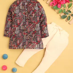Jeet Ethnics Cotton Blend Knit Full Sleeves Abstract Printed Kurta Pyjama Set - Maroon-picture-1