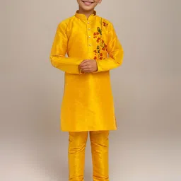 DEVOILER Boys Floral Printed Mandarin Collar Dupion Silk Straight Kurta-97