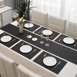HOKIPO Black 7-Pieces Striped Rectangular Table Placemats & Table Runner image 2