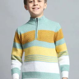Monte Carlo Boys Self Design Green Mock Neck Full Sleeve Pullover-image-2
