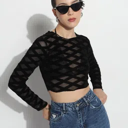 SHOWOFF Women Geometric Sheer Crop Top-image-97