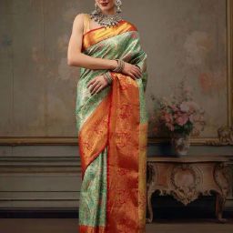 Silk Land Green & Red Silk Woven Saree With Unstitched Blouse-picture-9