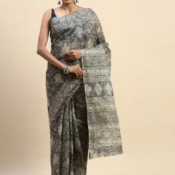 SHANVIKA Grey Pure Cotton Ethnic Motifs Print Saree Without Blouse Piece-16