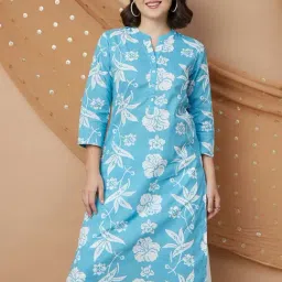 Melange By Lifestyle Blue Cotton Regular Fit Floral Print Kurtas-image-23