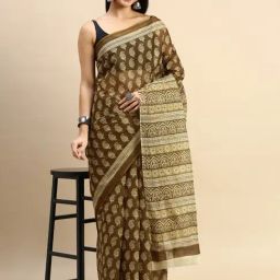 SHANVIKA Mehandi Green Pure Cotton Ethnic Motifs Print Saree Without Blouse Piece-image-83