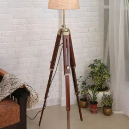 Homesake Beige & Brown Wood Tripod Floor Lamp - Set of 1-10