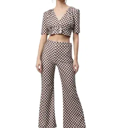 Global Republic Brown & Off White Checks Crop Top With Flared Pants-picture-27