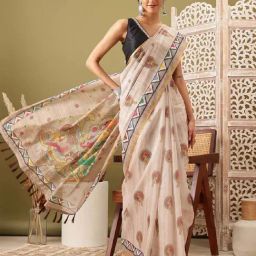 Silk Land Beige Printed Saree With Unstitched Blouse-picture-44