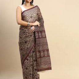 SHANVIKA Dark Brown Pure Cotton Floral Print Saree Without Blouse Piece-picture-40