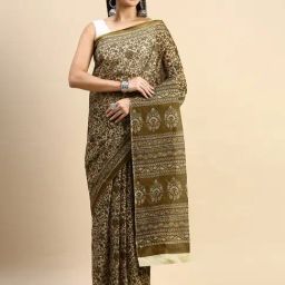 SHANVIKA Mehandi Green Pure Cotton Floral Print Saree Without Blouse Piece-image-87