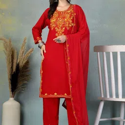 Moda Rapido Floral Yoke Design Thread Work Round Neck Kurta With Trousers & Dupatta-picture-32