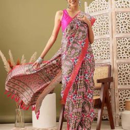 Silk Land Brown & Pink Silk Printed Saree With Unstitched Blouse-picture-17