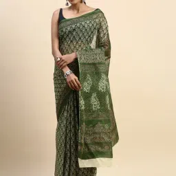 SHANVIKA Green Pure Cotton Ethnic Motifs Print Saree Without Blouse Piece-image-70