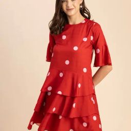 Moomaya Red & White Polka Dot A Line Dress-image-94