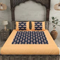 JaipurFabric Navy Blue & Gold 100% Pure Cotton 240 TC Double Bedsheet with 2 Pillow Covers-image-13