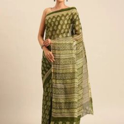 SHANVIKA Green Pure Cotton Ethnic Motifs Print Saree Without Blouse Piece-picture-28