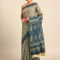 SHANVIKA Beige & Dark Blue Pure Cotton Floral Print Saree Without Blouse Piece-image-33