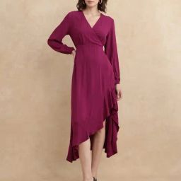 RAREISM Maroon Cotton Blend Solid Long Sleeves Dress-image-44