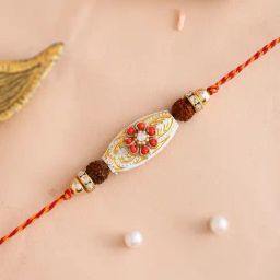 Aapno Rajasthan Red Crystal Beads Floral Design Rudraksh Rakhi-17