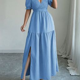 Outzidr Women Puff Sleeve Smocked Fit and Flare Maxi Dress With Slit-picture-19