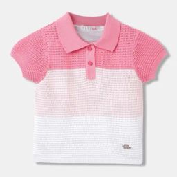 Elle Kids Pink & White Cotton Color Block Polo T-Shirt-image-66