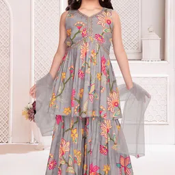 Wommaniya Impex Girls Floral Printed Empire Thread Work Kurta with Sharara & With Dupatta-picture-55