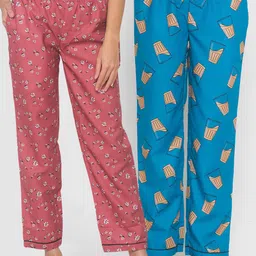 FashionRack Women Brown & Blue Pack of 2 Cotton Printed Lounge Pants-image-42