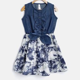 StyleStone Girls Blue & Off-White Printed Fit & Flare Dress-image-39