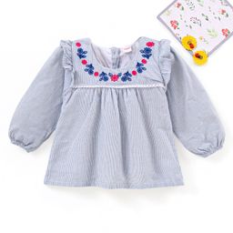 Babyhug Full Sleeves Yarn Dyed Striped Cotton Cambric Top With Floral Embroidery Lace & Frill Detailing - Blue Stripes-image-52