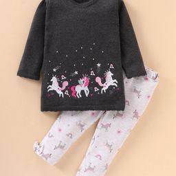 ToffyHouse Full Sleeves Top and Lounge Pant Set Unicorn Embroidery - Charcoal Grey-picture-13