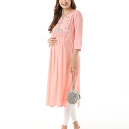 Bella Mama Woven Three Fourth Sleeves Solid Embroidered Yoke Maternity Ethnic Kurta - Pink-image-3
