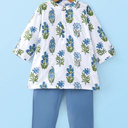 Babyhug 100% Cotton Full Sleeves Woven Floral Printed Angarakha Kurta Pyjama Set - White-image-26