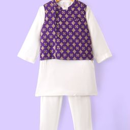 Babyhug Woven Full Sleeves Kurta & Pajama Set With Printed Jacket - Purple-image-61