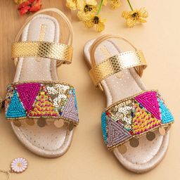 LIL PITAARA Beads & Sequin Embellished  Zari Sandals - Gold-picture-25