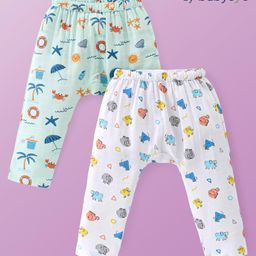 Babyoye 100% Organic Cotton Full Length Elephant Printed Diaper Leggings Pack Of 2 - White & Blue-image-36