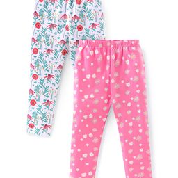 Babyhug Cotton Lycra Knit Full Length Stretchable Legging Floral Print Pack Of 2 - White & Pink-image-86